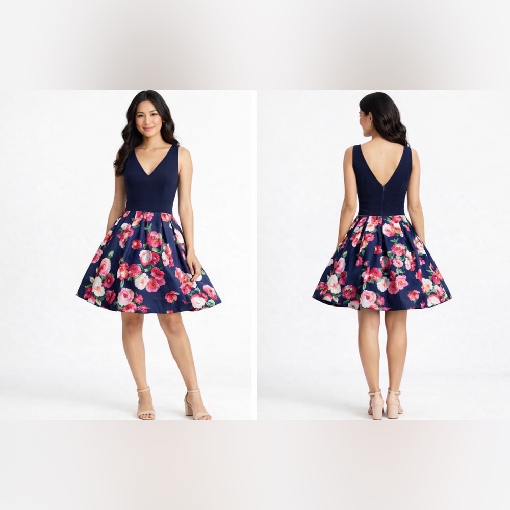XScape A Line Dress 16W Navy Blue Floral Stretch Career Church Wedding Party